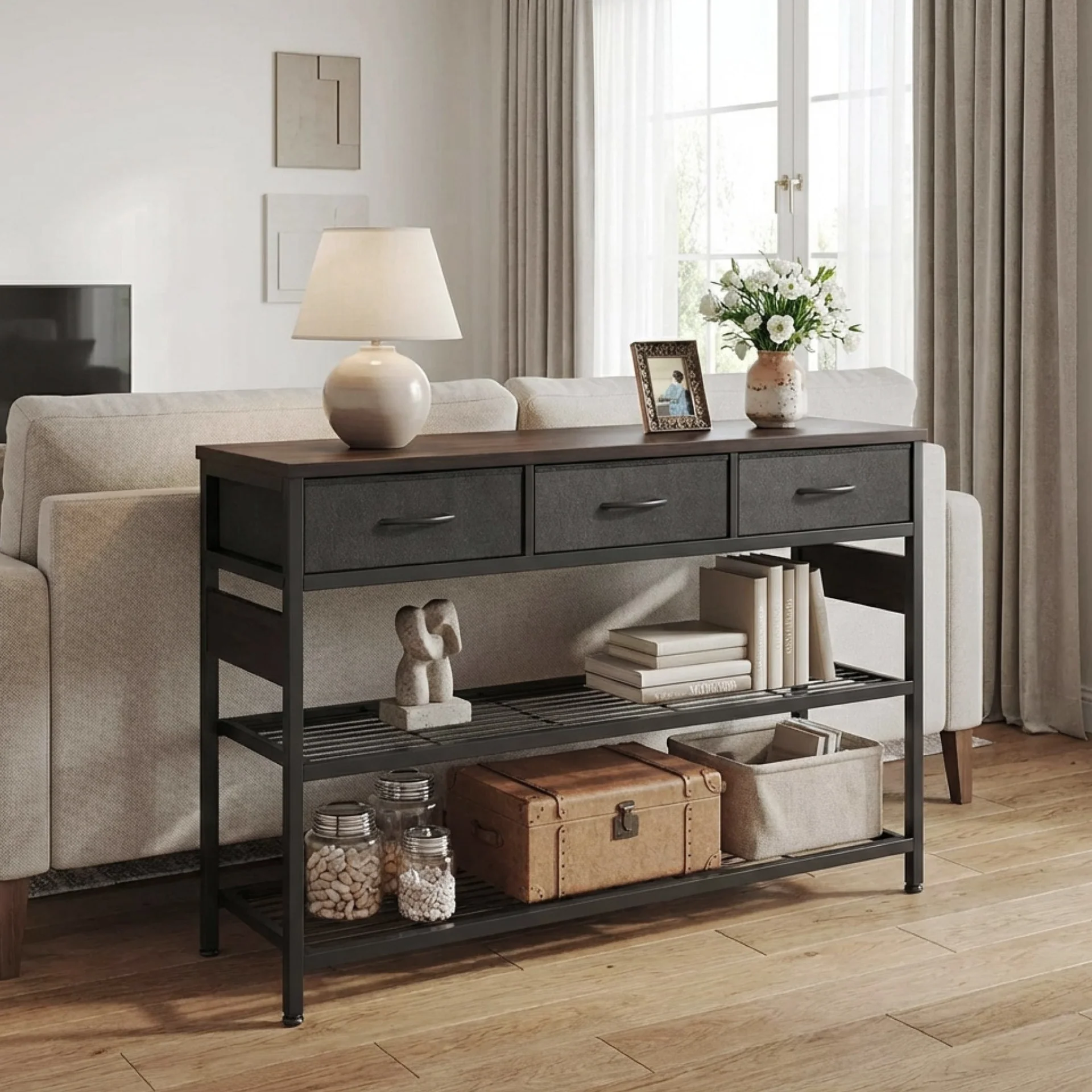 Shrike Console Table with 3 Drawers - Black Walnut