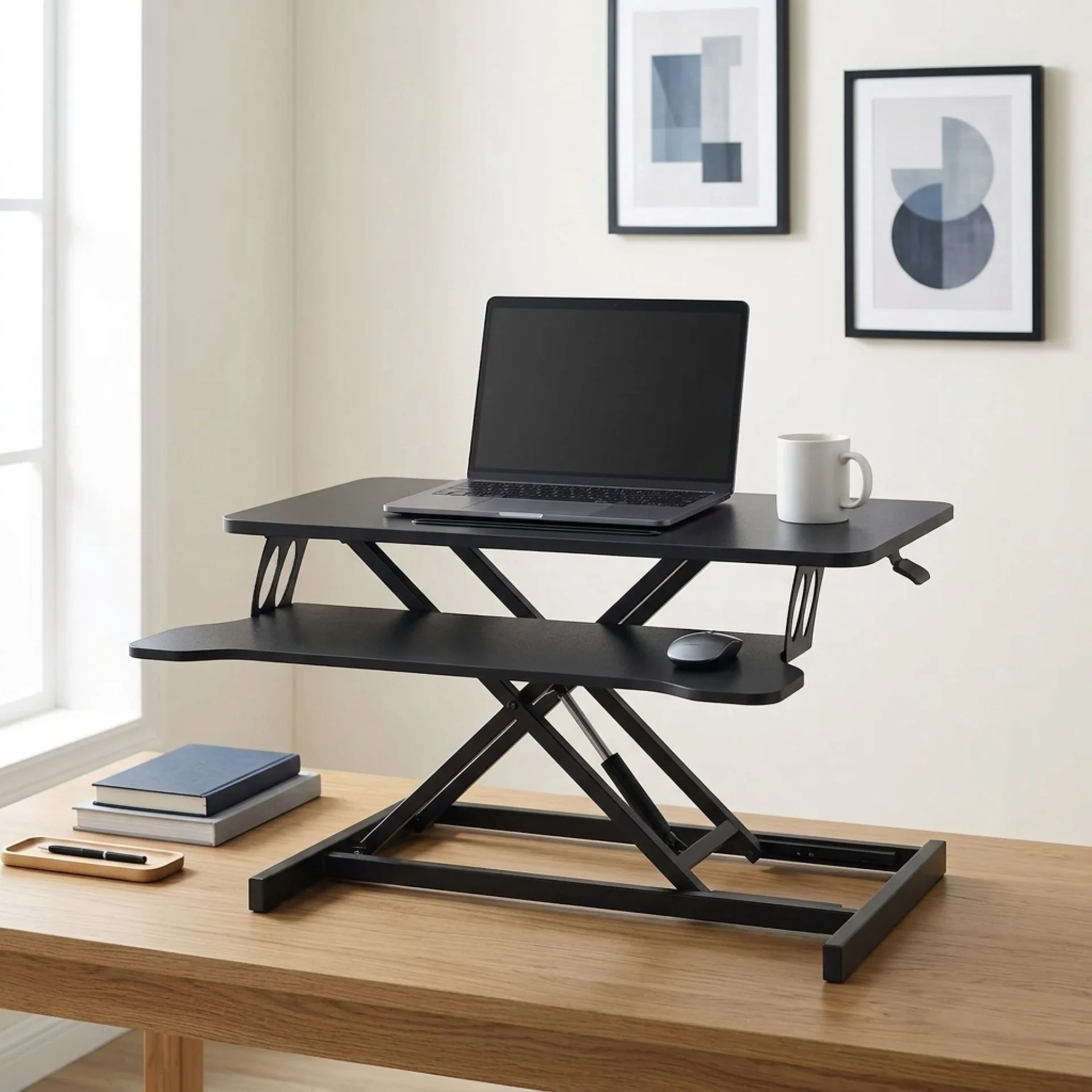 Sit-Stand Desk Converter with Keyboard Tray - Black - Image 2