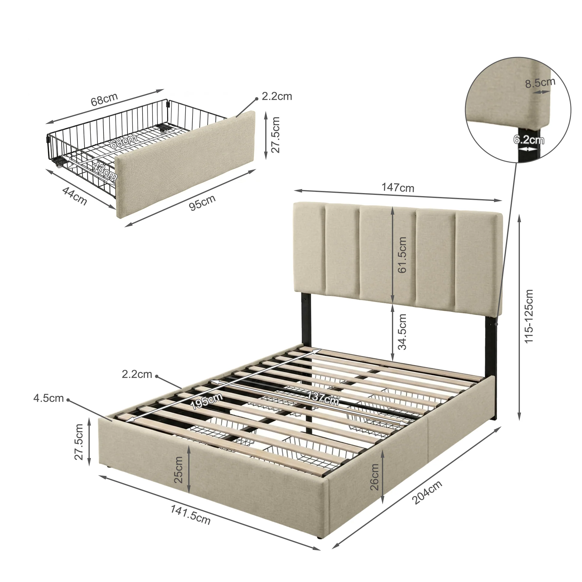Strada Double Bed Frame with 4 Drawers - Beige - Image 15