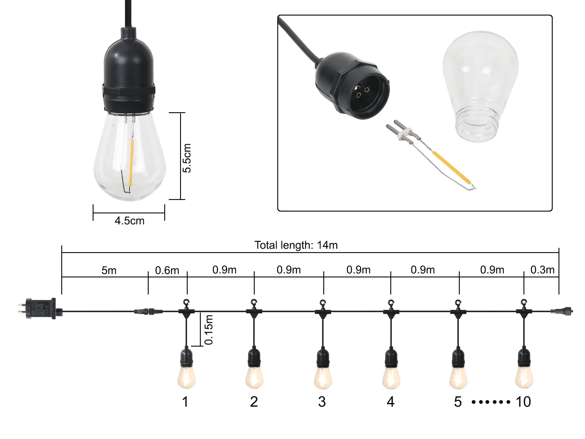 Straight Side 10 LED Festoon Lights String Lights 14m - Image 6