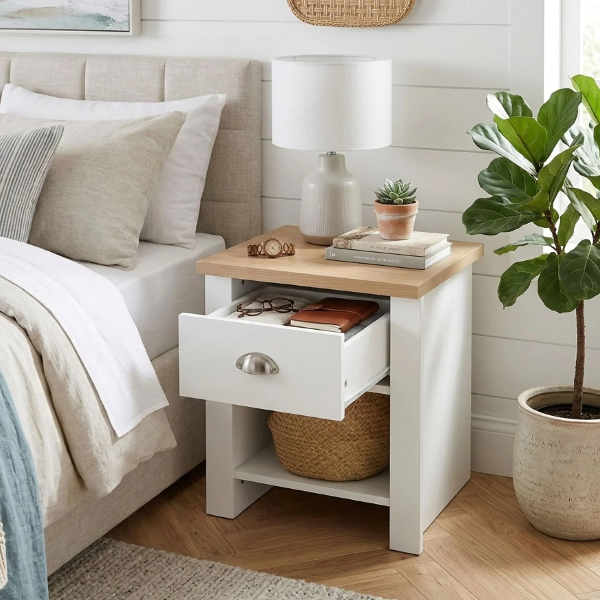 Tegan Bedside Table - Light Teak + White - Image 2