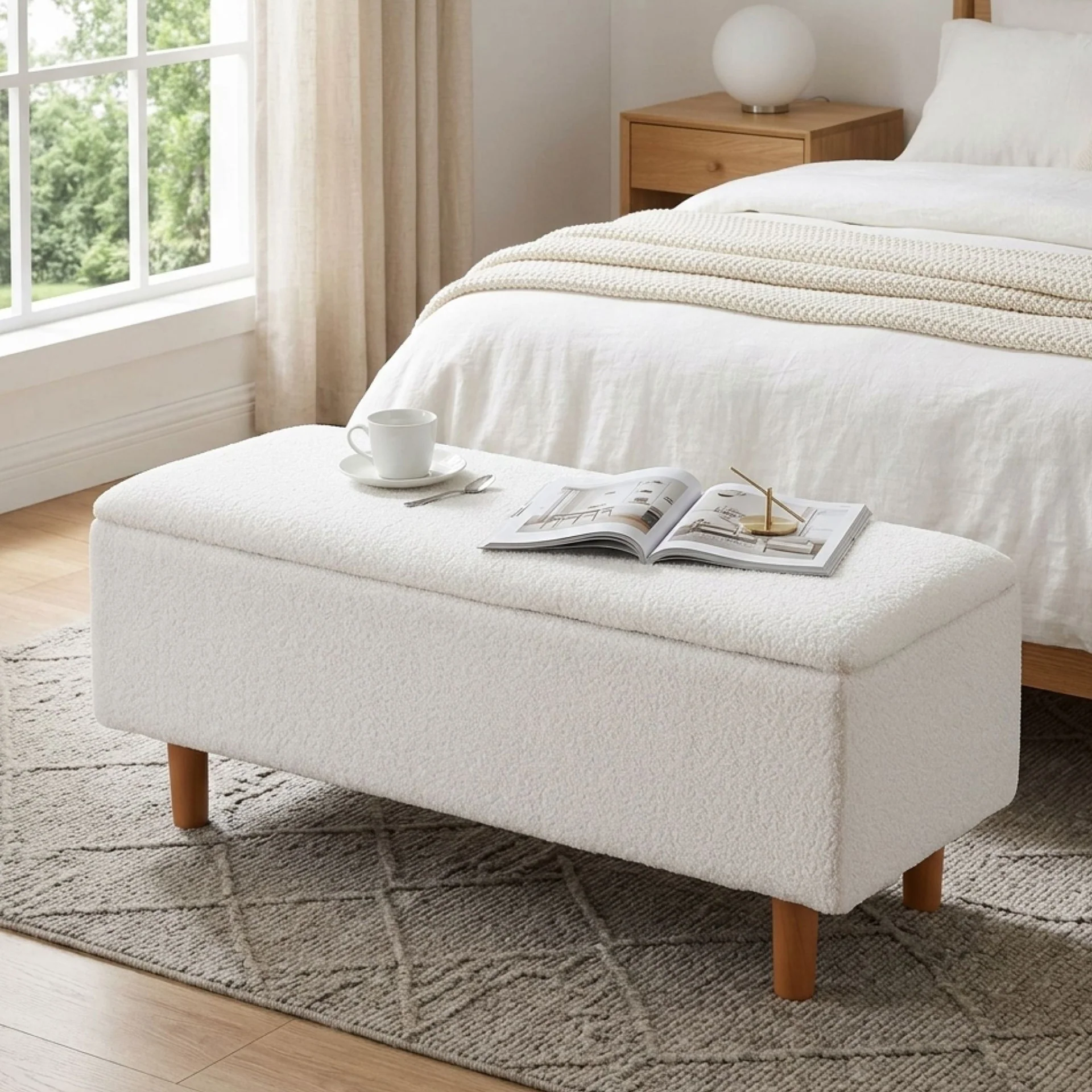 Theodore Boucle Storage Ottoman Bench - White