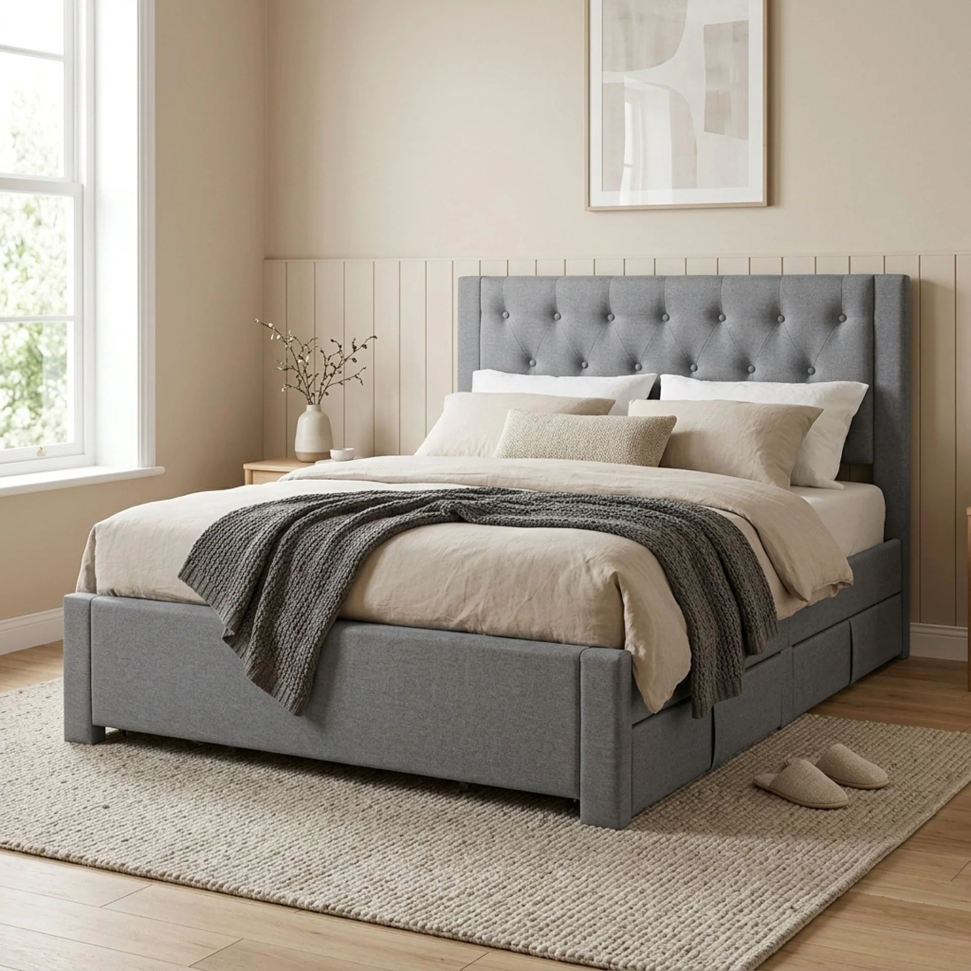 Thornton Double Fabric Bed Frame with 4 Drawers - Light Grey - Image 3