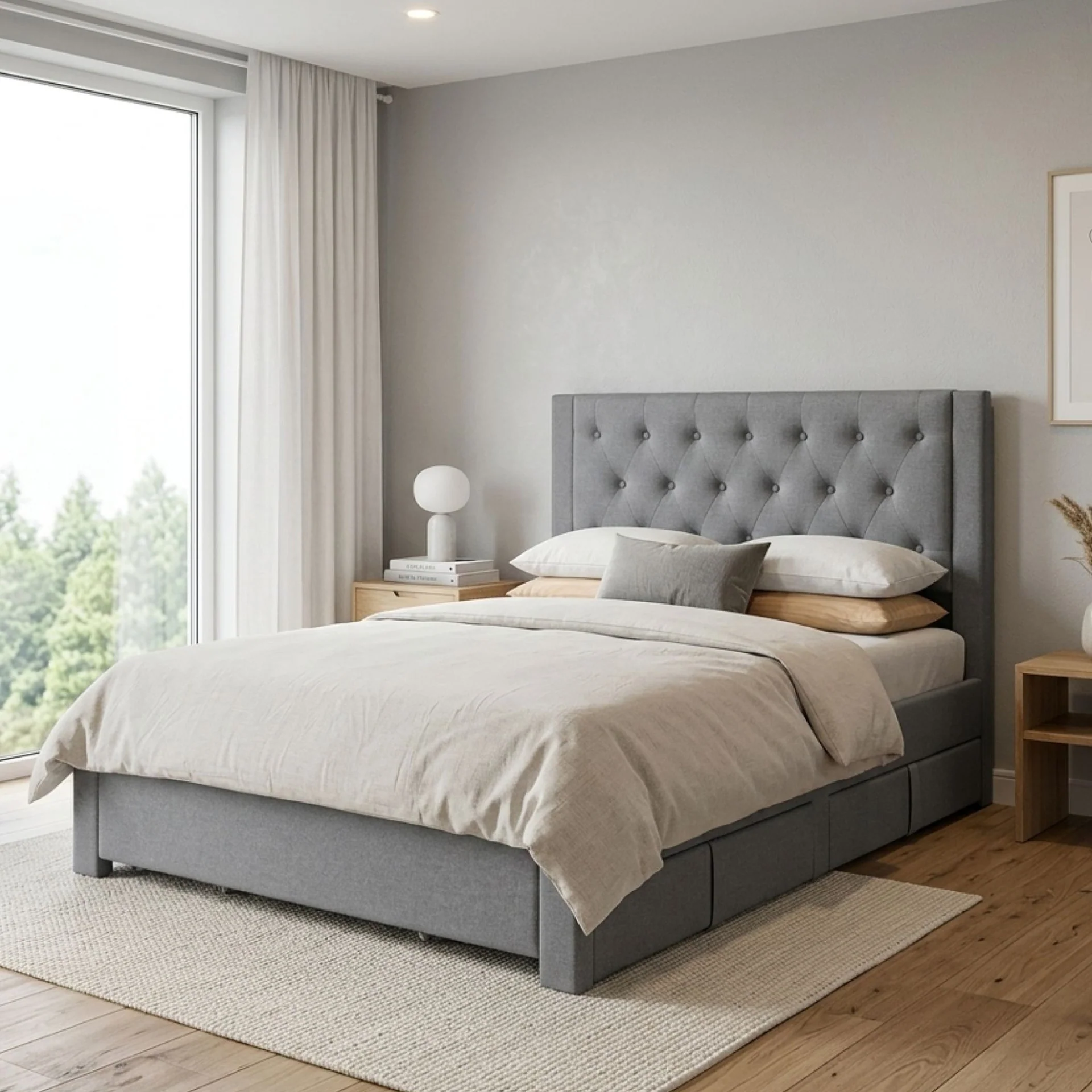 Thornton Double Fabric Bed Frame with 4 Drawers - Light Grey - Image 4