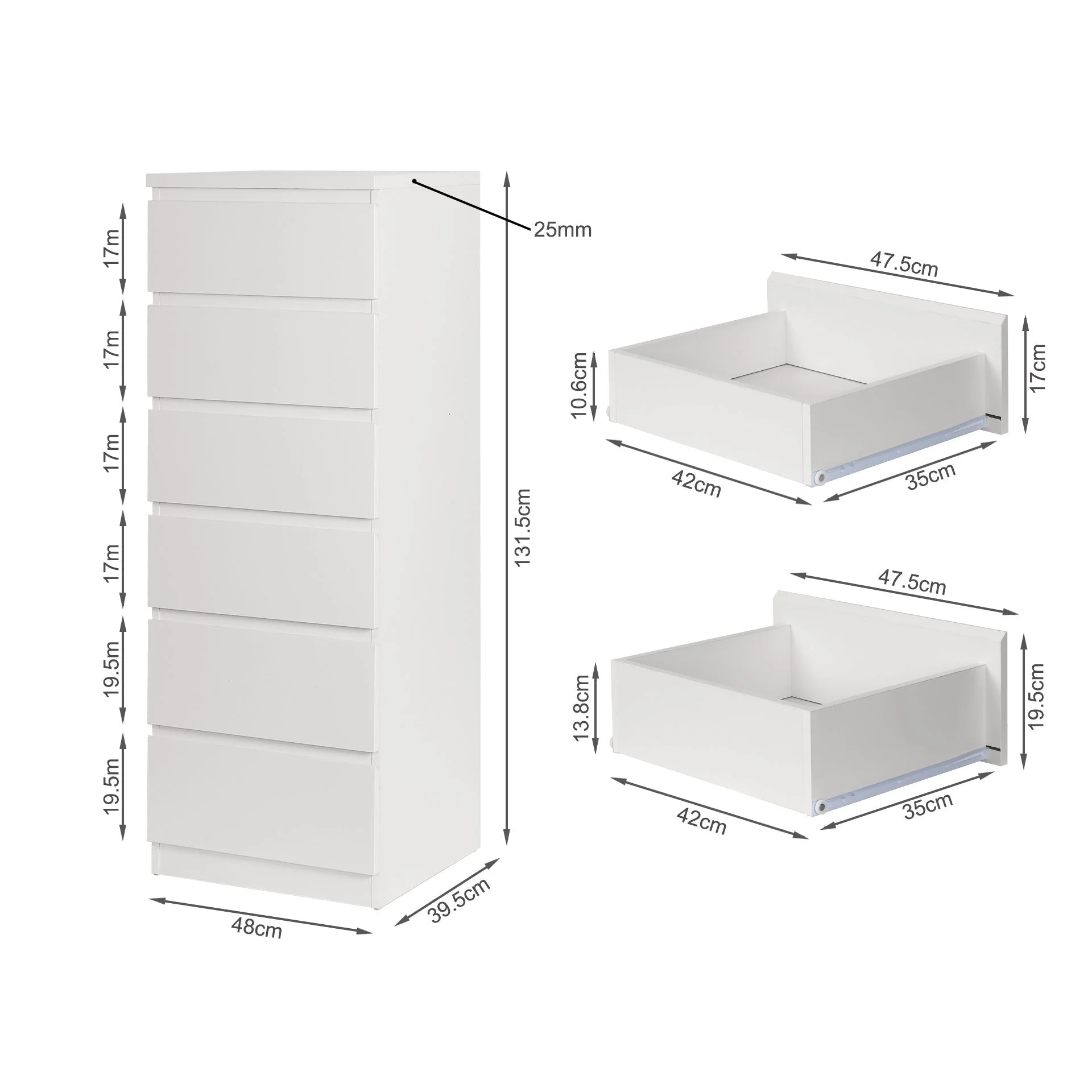 Tongass Wooden Slim Tallboy 6 Drawers - White - Image 13