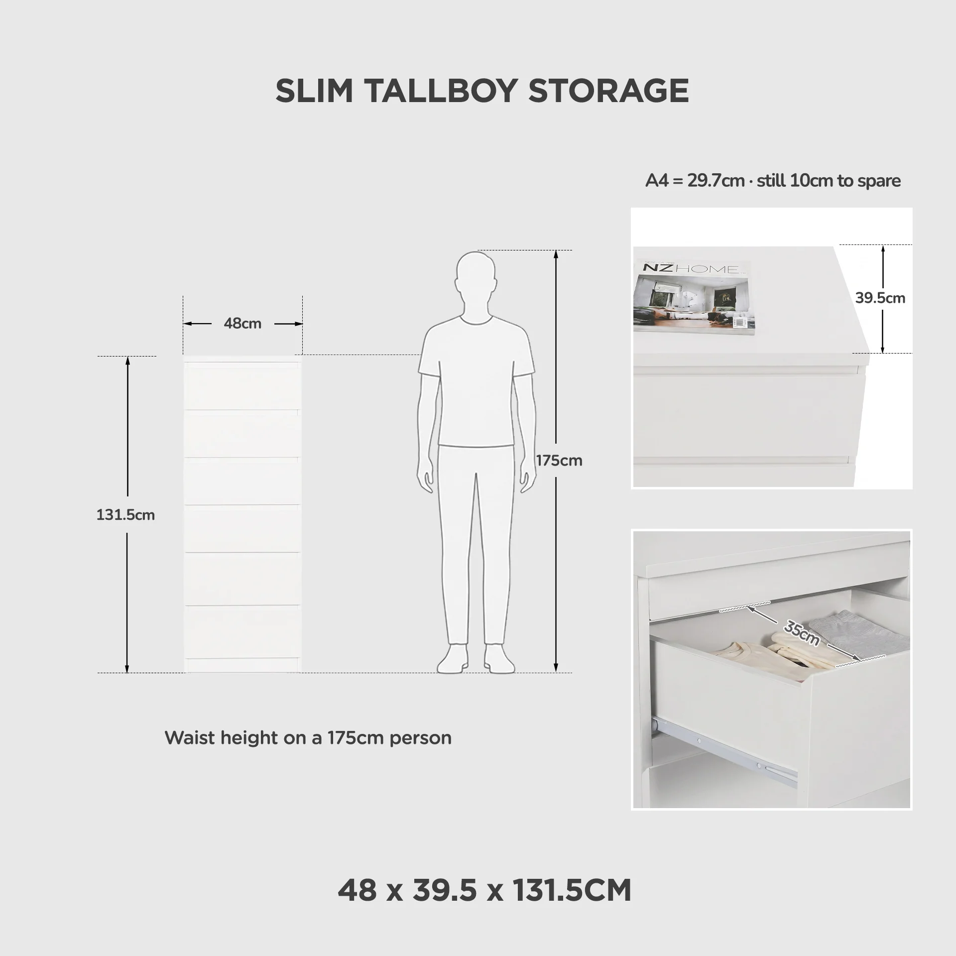 Tongass Wooden Slim Tallboy 6 Drawers - White - Image 2