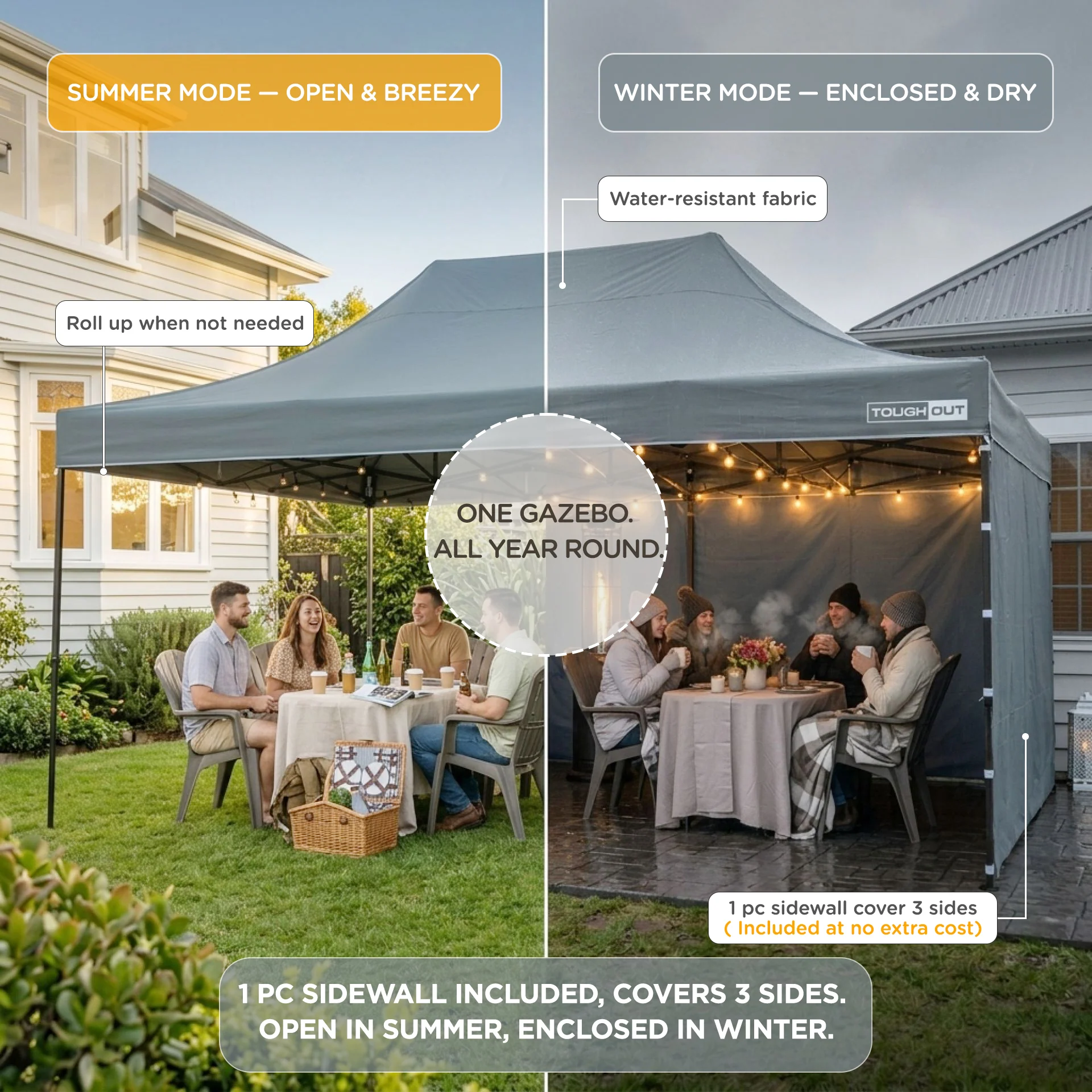 Toughout Breeze Gazebo with 3 Side Walls 3x4.5m - Grey - Image 3
