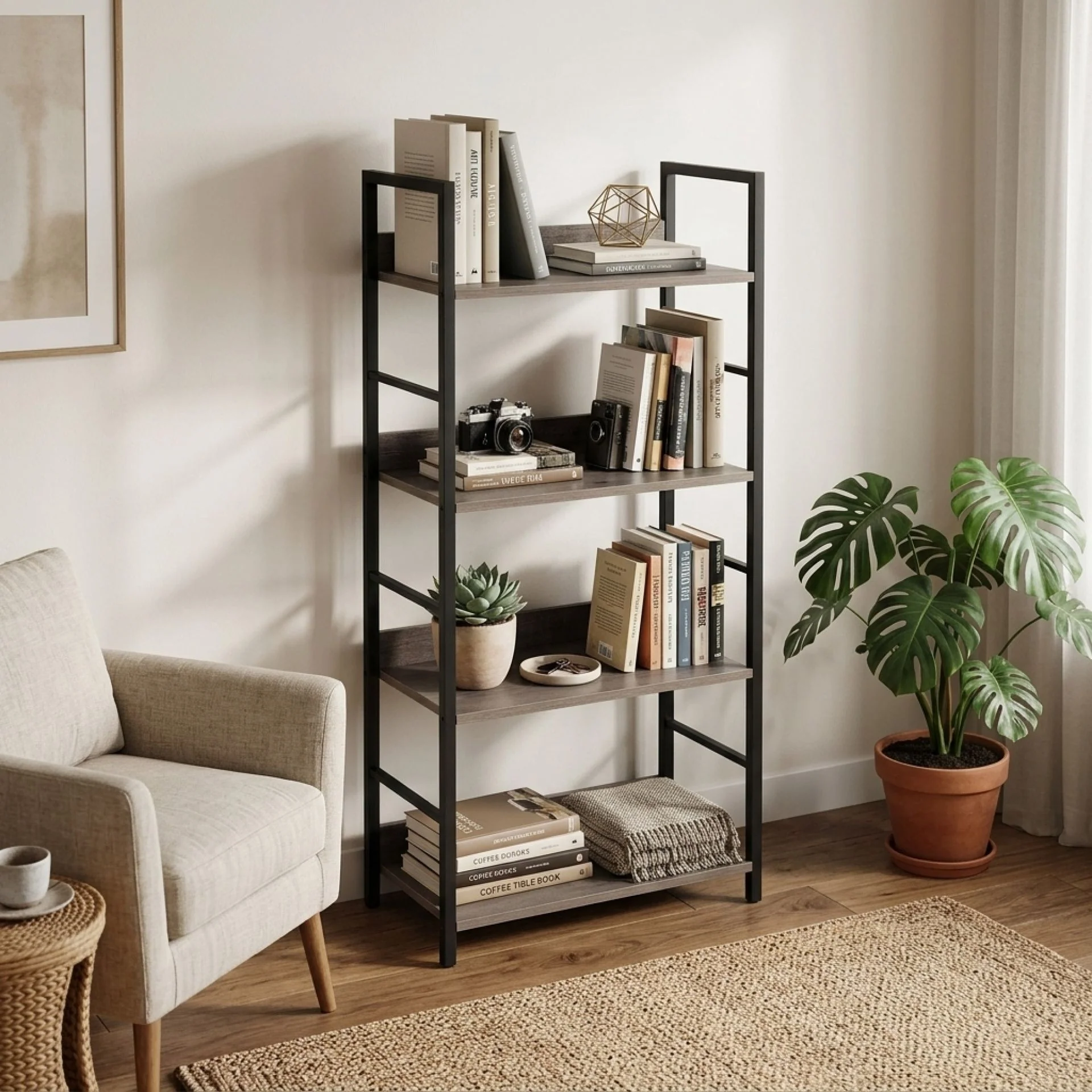 Towai 4 Tier Storage Shelf - Grey Oak + Black