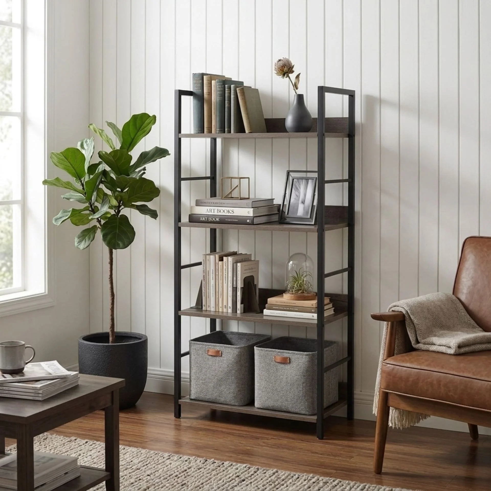 Towai 4 Tier Storage Shelf - Grey Oak + Black - Image 2