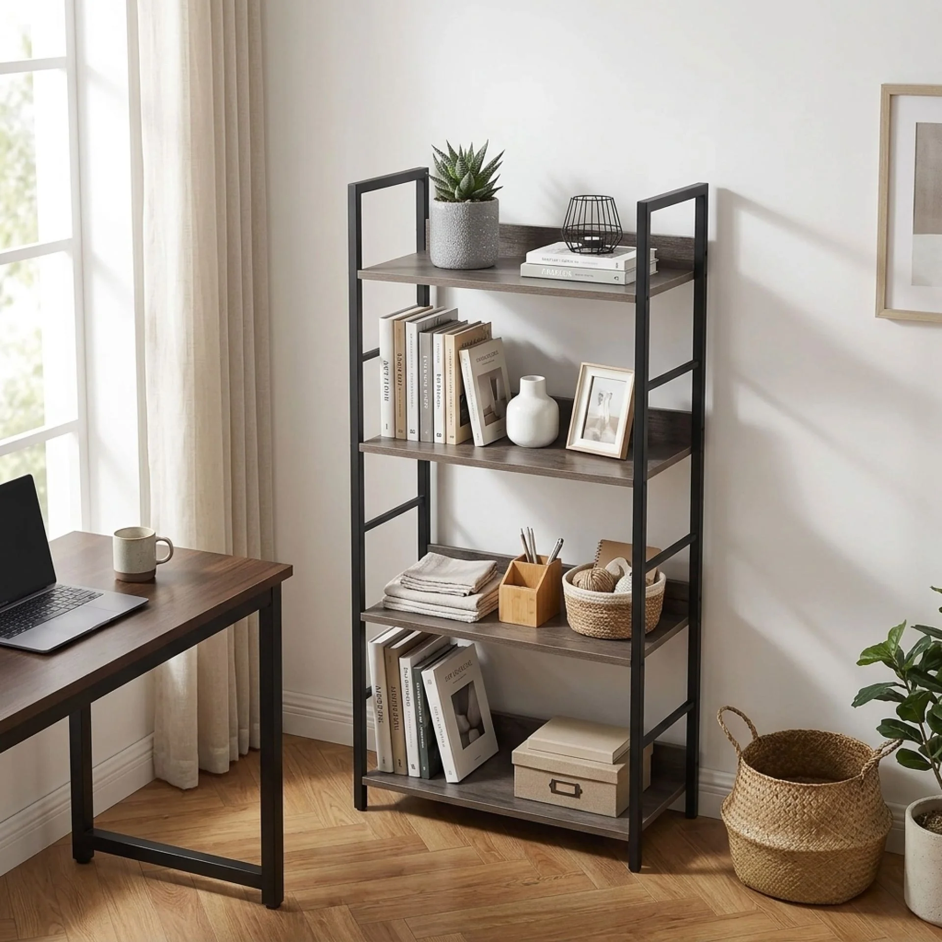 Towai 4 Tier Storage Shelf - Grey Oak + Black - Image 3