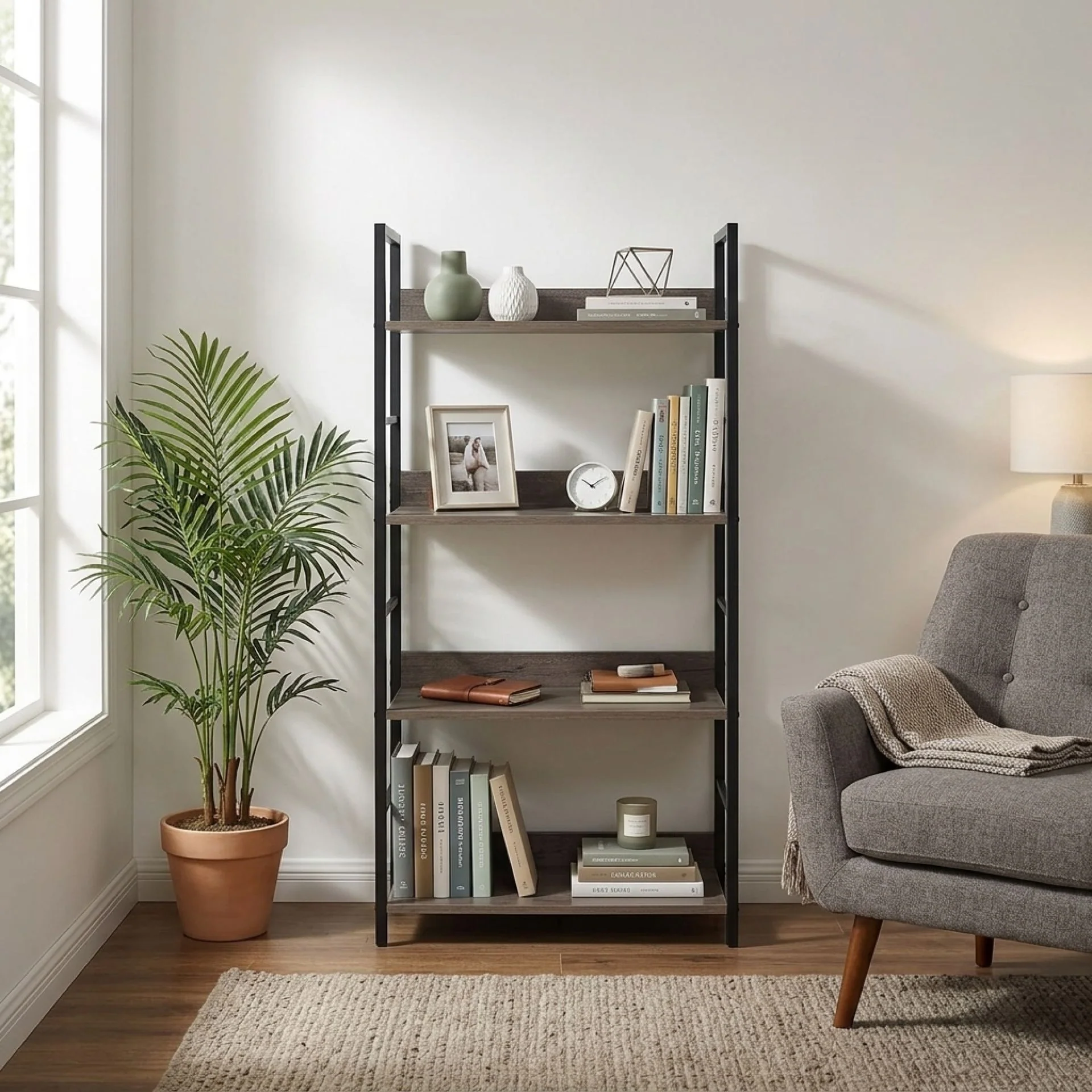 Towai 4 Tier Storage Shelf - Grey Oak + Black - Image 5