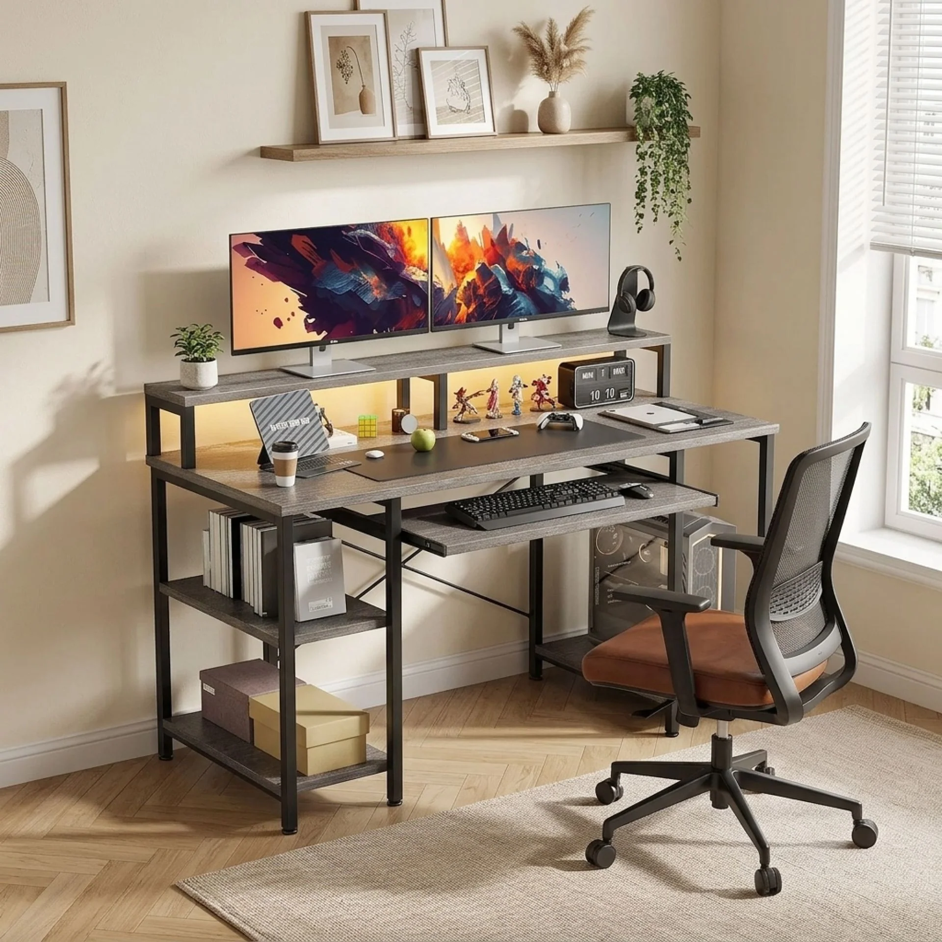 Tyler 120cm Computer Desk with Bookshelf - Grey Oak - Image 2