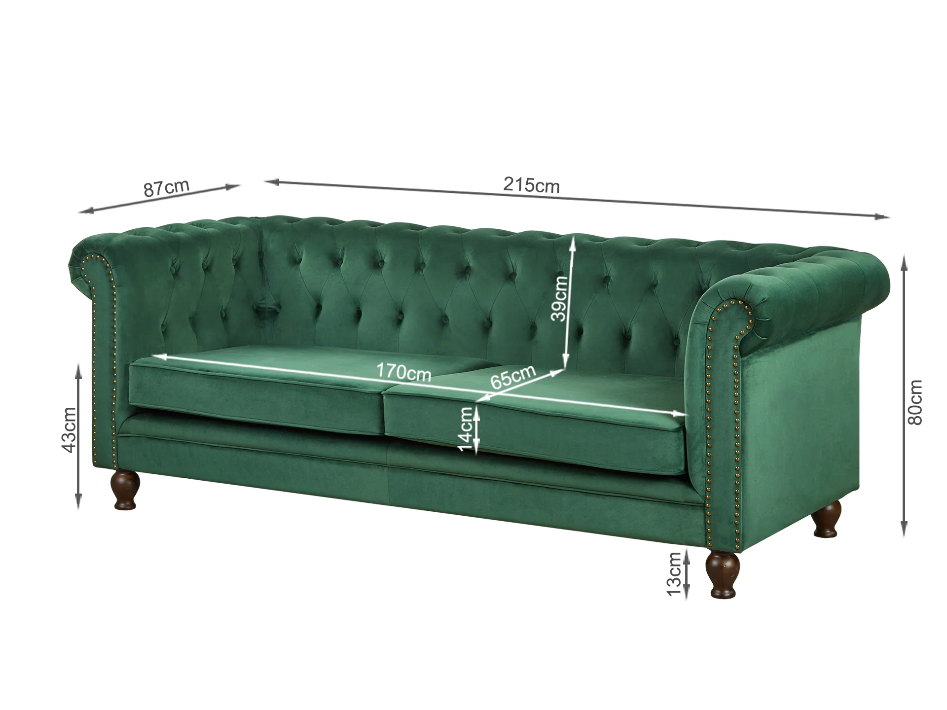 VAGAS 3 Seater Velvet Sofa - GREEN - Image 8