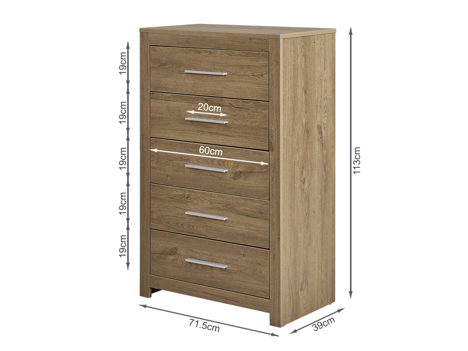 Vicente Wooden Tallboy 5 Drawers - Oak - Image 9