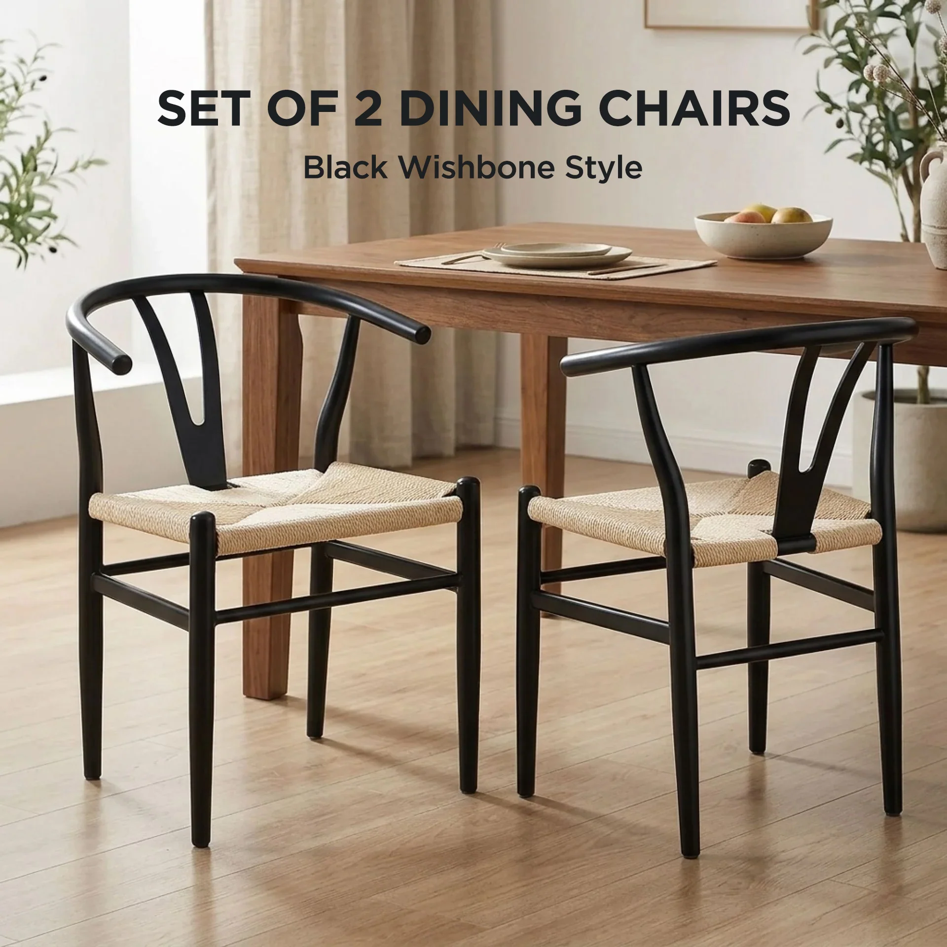 Winter Rope Seat Dining Chair Wishbone Chair Replica - Set of 2 - Black - Image 2