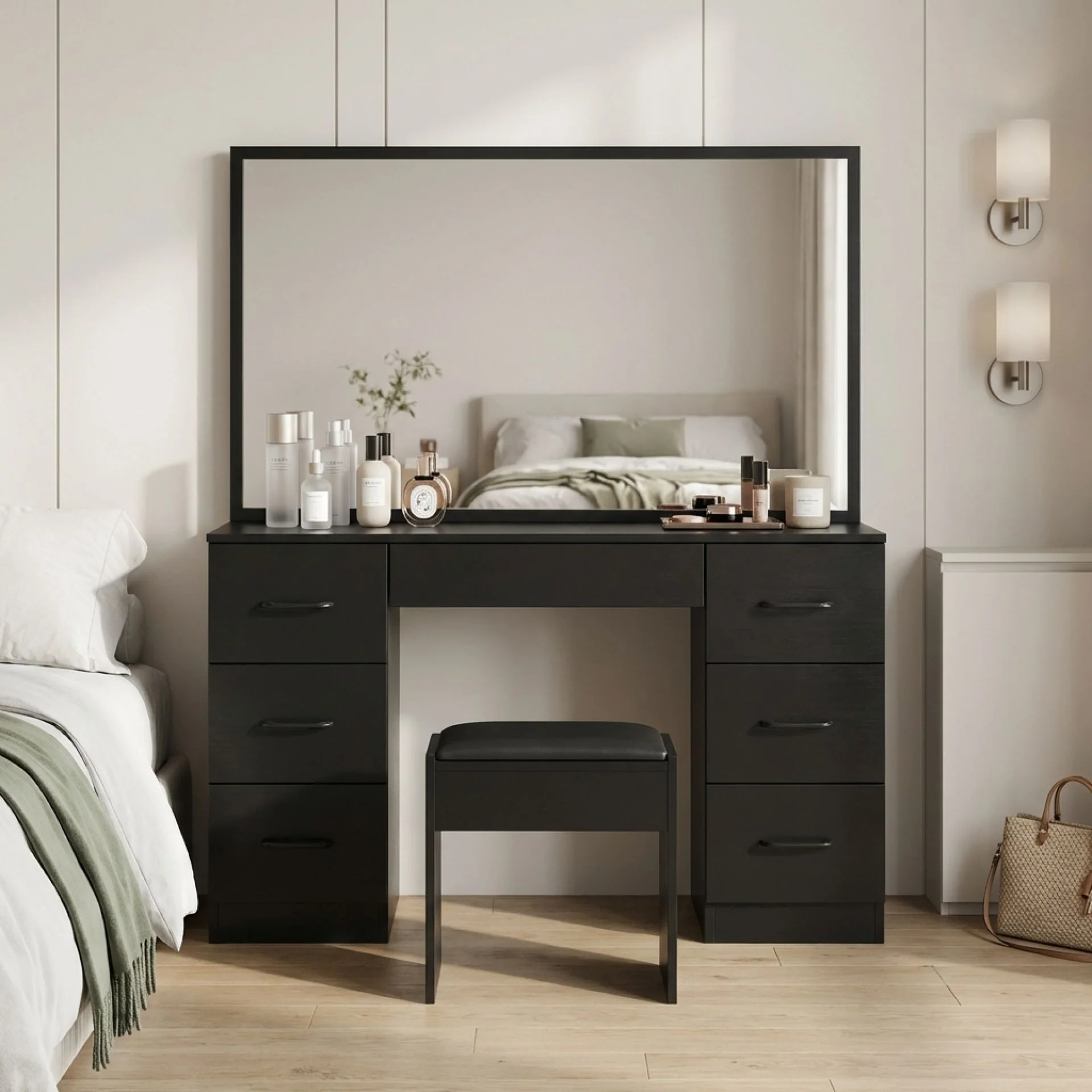 Wisteria 2 Piece Dressing Table with Mirror & Stool Set - Black - Image 5