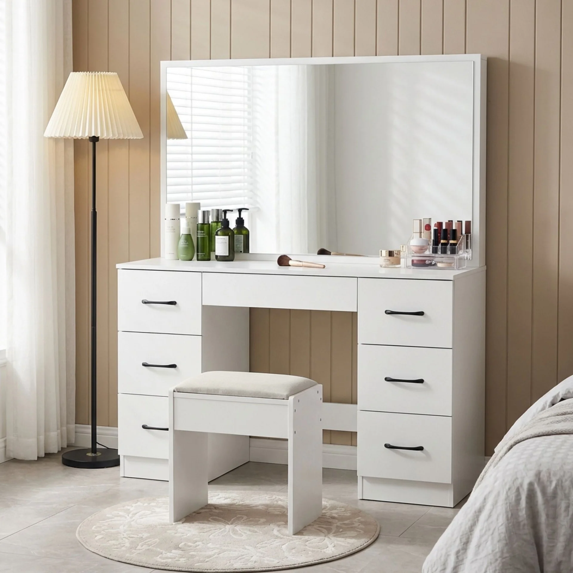 Wisteria 2 Piece Dressing Table with Mirror & Stool Set - White - Image 2