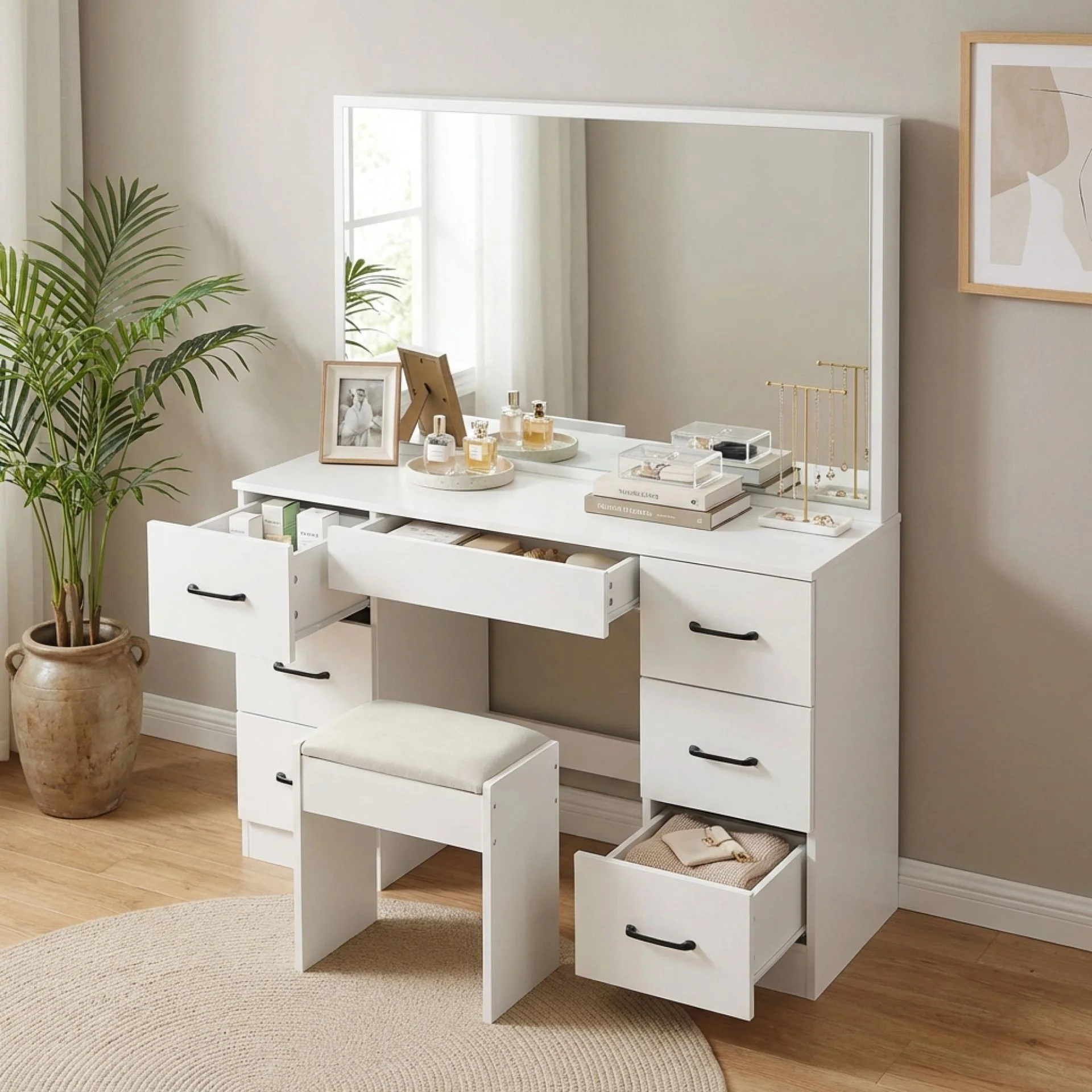 Wisteria 2 Piece Dressing Table with Mirror & Stool Set - White - Image 3