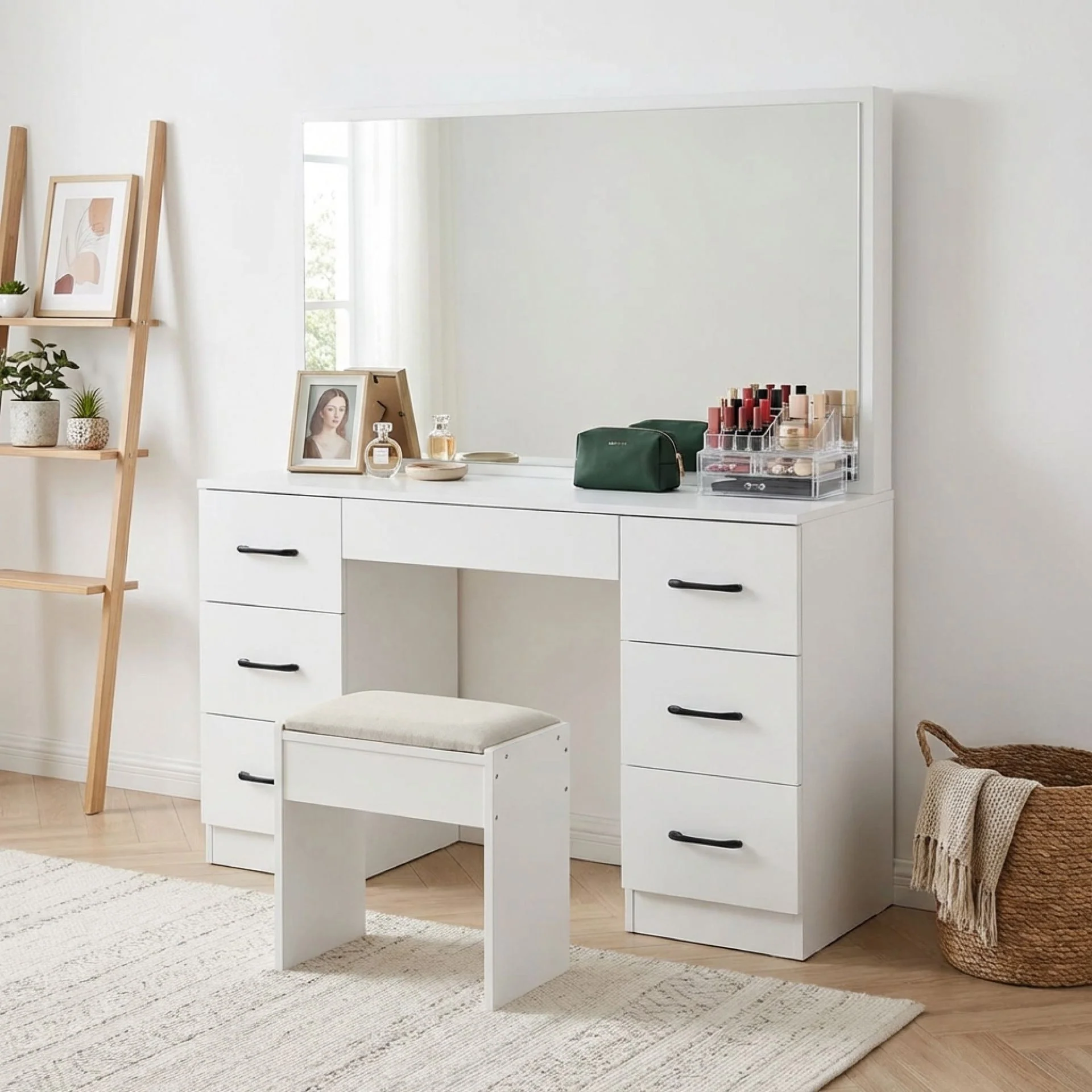 Wisteria 2 Piece Dressing Table with Mirror & Stool Set - White - Image 4