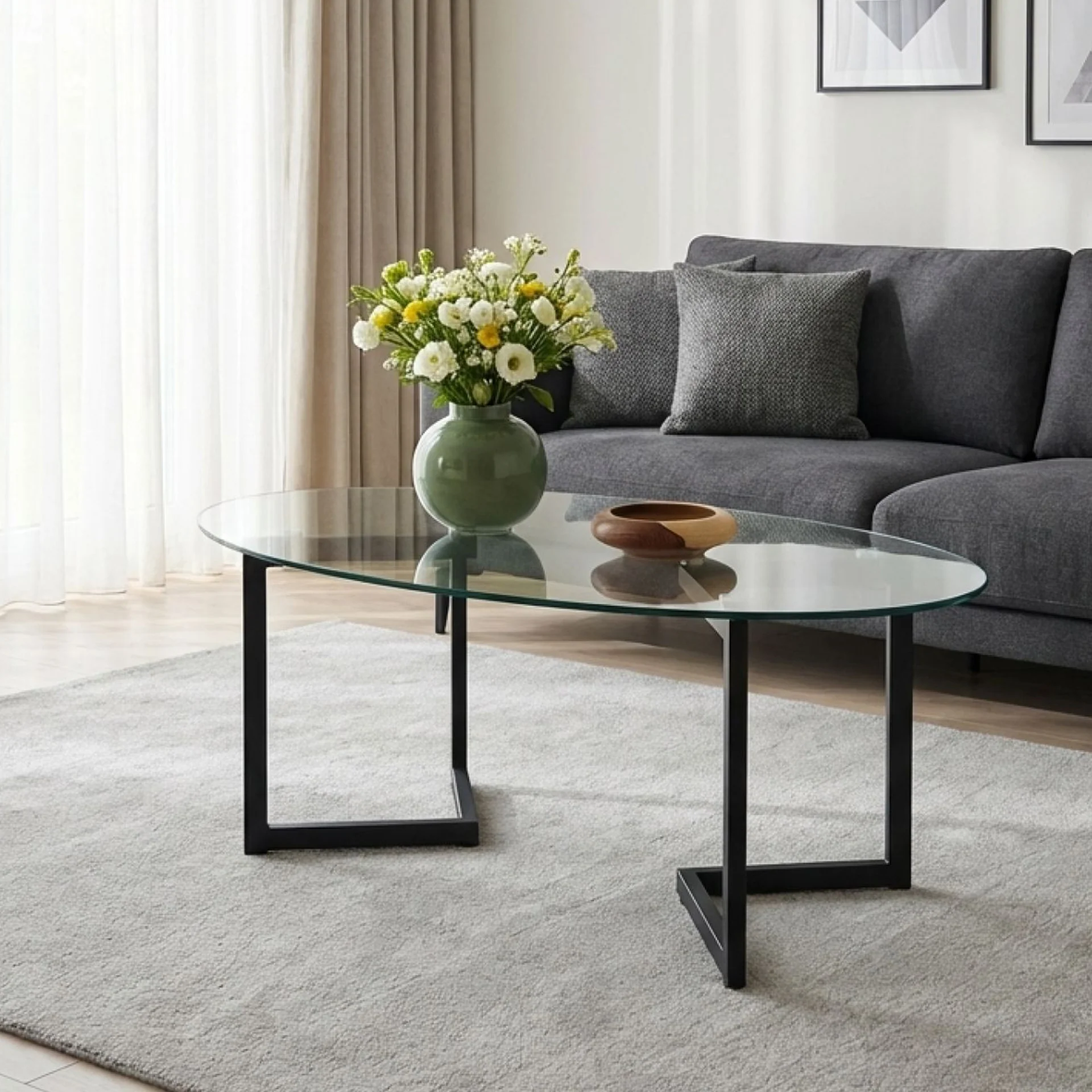 Wynter Tempered Glass Oval Coffee Table 120 x 60cm - Transparent + Black
