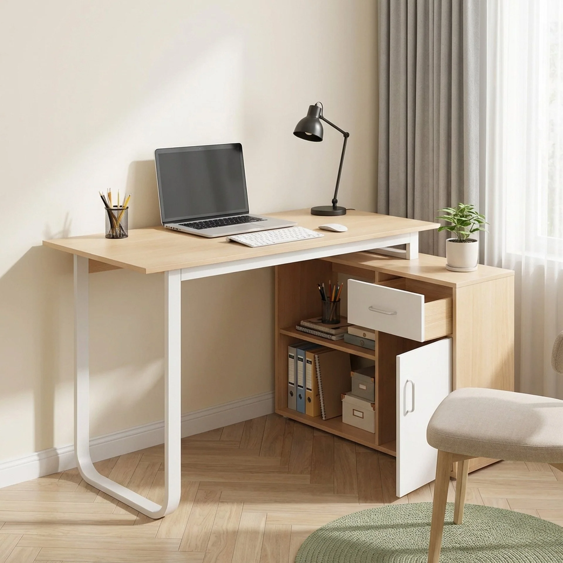Yates 120cm Computer Desk with Right Cabinet - Oak - Image 2