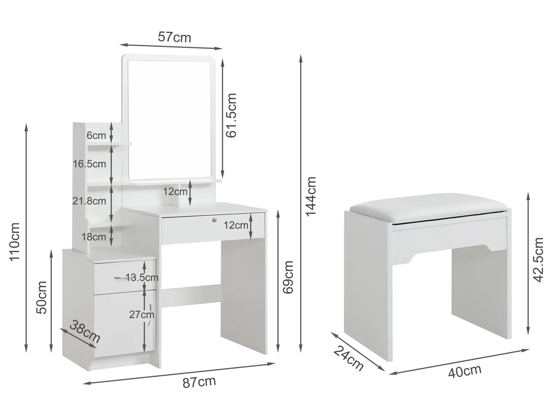 Zinnia 2 Drawer Dressing Table Set 2pcs - White - Image 9